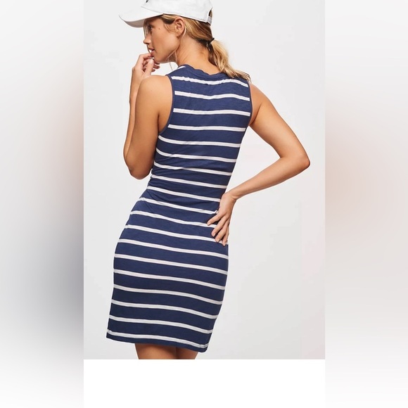 Anthropologie T.La Blue Stripe Midriff Cutout Sleeveless Shirt High Neck Mini - Picture 5 of 12